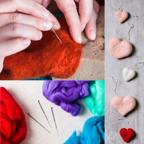 A picture of someone needle-felting, equipment for needle-felting, and a string of needle-felted hearts in