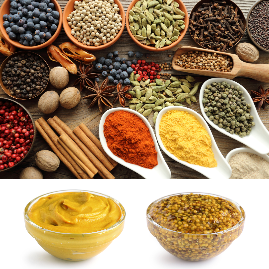 A wide selection of whole and ground spices are depicted, some in bowls, scoops or spoons; below them are bowls of smooth and stoneground mustards.