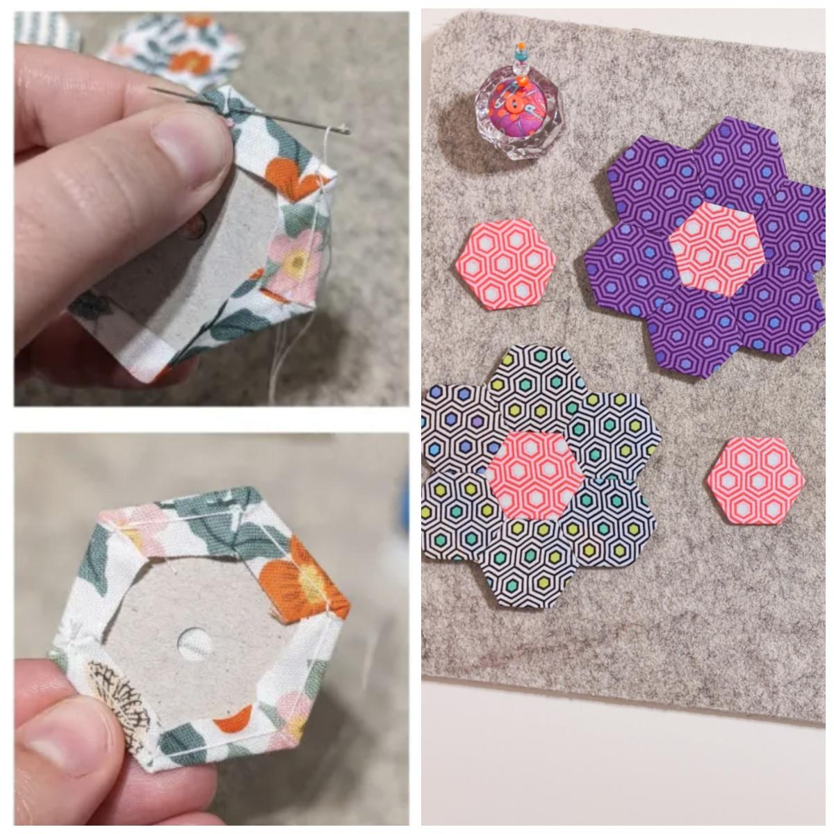 Three images of hand-quilting hexagons for English Paper Piecing, created, sewn and used to make flower shapes.