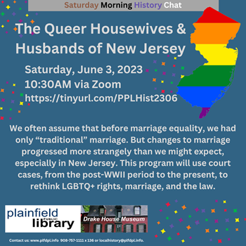 The Queer Housewives and Husbands of New Jersey with New Jersey state map with Pride rainbow