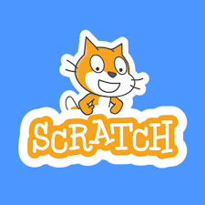 The logo for MIT's SCRATCH animation programming app/language: the word scratch in white on yellow, with the default Scratch animation 'sprite', a yellow and white walking cat, in outlined in white on a blue background