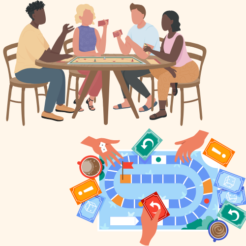 four people playing a board game sitting at a table; an overhead view of four hands playing a board game