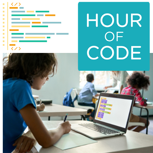 Hour of Code logo, a section of HTML code, and a picture of a teen in a classroom editing block code on a laptop