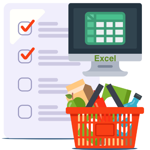 A shopping list, a shopping basket, and a computer displaying an excel spreadsheet