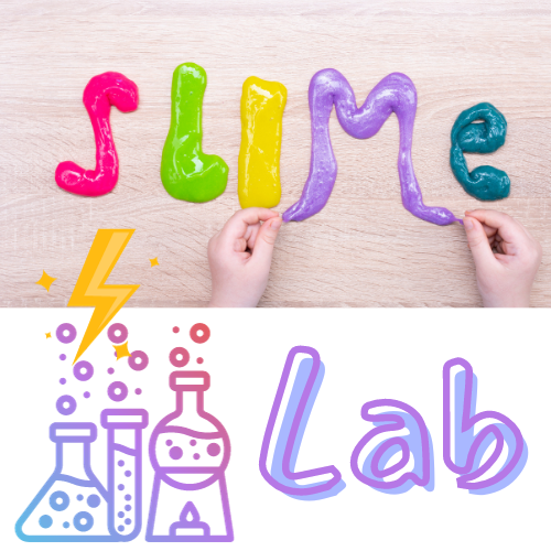 Multicolored slime on a board spelling out the word SLIME, with outlines of lab equipment and the word Lab below it. Overall, a stylized lightning bolt.