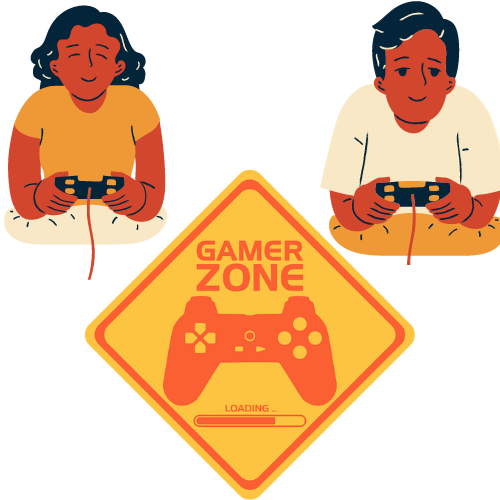 A boy and a girl holding gaming controllers and a caution sign reading "Gamer Zone"