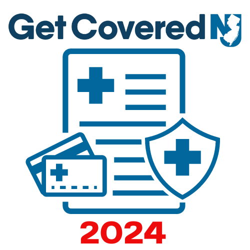 Get Covered NJ, along with medical papers, an insurance card, a shield with a blue cross on it, and the year 2024