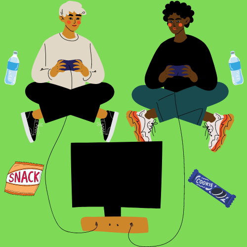 two older kids playing video games on a screen, surrounded by snacks