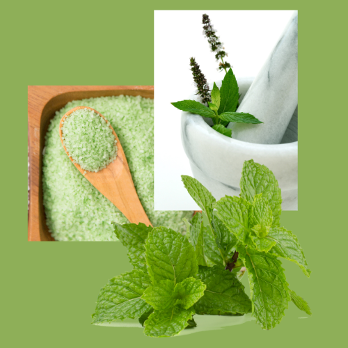 A mortar and pestle with fresh mint, some fresh mint, and a container of skin scrub with a spoon