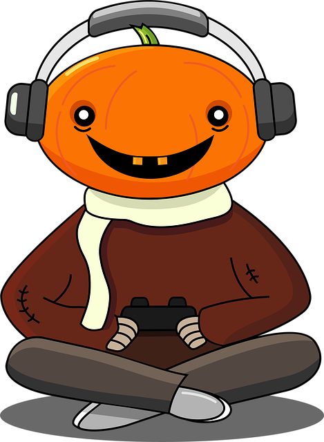 A person with a pumpkin for a head sitting on the floor holding a video game controller and laughing