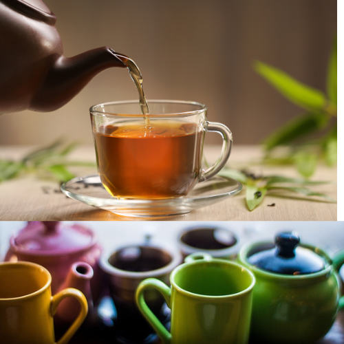 a brown teapot pouring tea into a clear teacup, and a selection of multicolored mugs and teapots