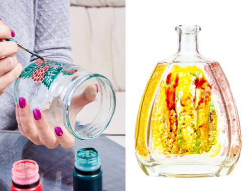 Hands painting a glass jar with berry pattern, shown next to an abstractly painted vase/bottle