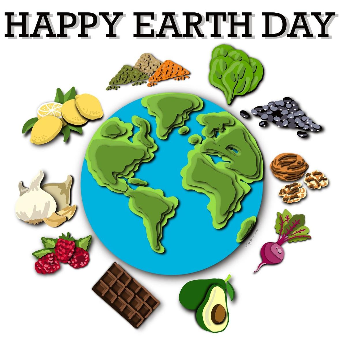 The words Happy Earth Day above an Earth Glob with different plants and food products around it.