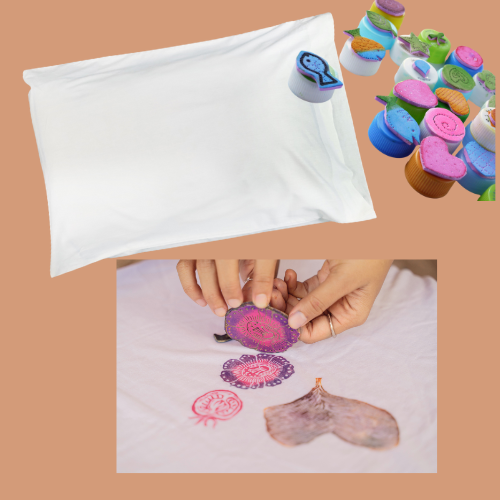 a pillowcase, some stamps, and a picture of someone stamping a design